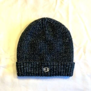 Champion Beanie Hat Cuffed Ribbed Knit Black with Silver Thread One Size
